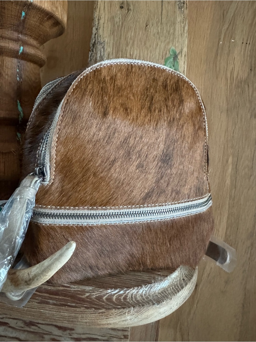 Brown Haircalf Mini Backpack with Silver Zipper